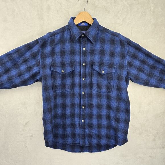 HOLES Pendleton Shirt Mens Medium Blue Plaid Virgin Wool Button Down Long Sleeve - Picture 2 of 12